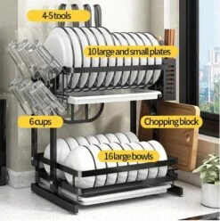 Doogo® Afdruiprek Met Lekbak 2 Laags – Inklapbaar - Muur Hangen Mogelijke - Afwasrek – Met 2 Lekbakken – Extra Accessories Voor Servies En Snijplanken - RVS -Afwas Benodigdheden Winkel 1195x1200 4