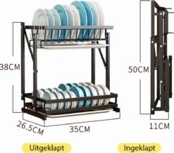 Doogo® Afdruiprek Met Lekbak 2 Laags – Inklapbaar - Muur Hangen Mogelijke - Afwasrek – Met 2 Lekbakken – Extra Accessories Voor Servies En Snijplanken - RVS -Afwas Benodigdheden Winkel 1200x1056