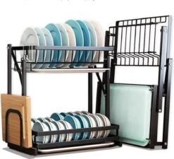 Doogo® Afdruiprek Met Lekbak 2 Laags – Inklapbaar - Muur Hangen Mogelijke - Afwasrek – Met 2 Lekbakken – Extra Accessories Voor Servies En Snijplanken - RVS -Afwas Benodigdheden Winkel 1200x1095