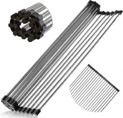 Afwas Benodigdheden Winkel 42 IBright Oprolbare Afdruiprek - Pannen Rooster Hittebestendig - Afdruiprooster - Pannenonderzetter - RVS Zwart