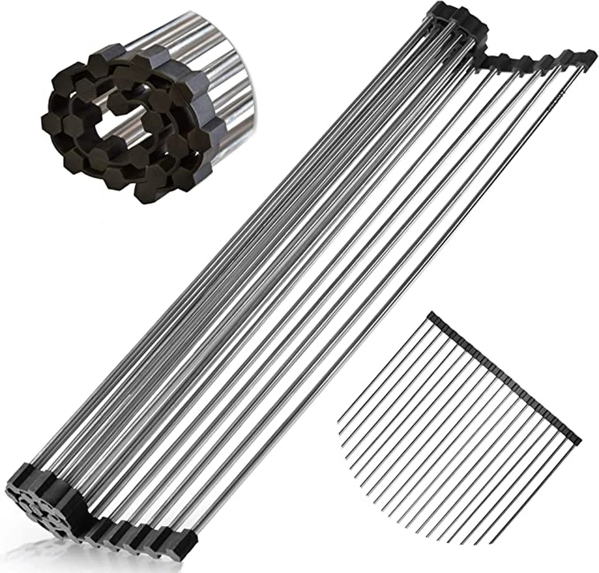 IBright Oprolbare Afdruiprek - Pannen Rooster Hittebestendig - Afdruiprooster - Pannenonderzetter - RVS Zwart 1 IBright Oprolbare Afdruiprek - Pannen Rooster Hittebestendig - Afdruiprooster - Pannenonderzetter - RVS Zwart