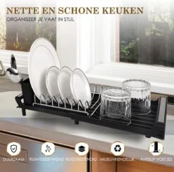 MIRI Afdruiprek – Afwasrek – Uitschuifbaar – Met Lekbak In Gootsteen – Afwas – Roestvrij Staal – Zwart -Afwas Benodigdheden Winkel 1200x1183