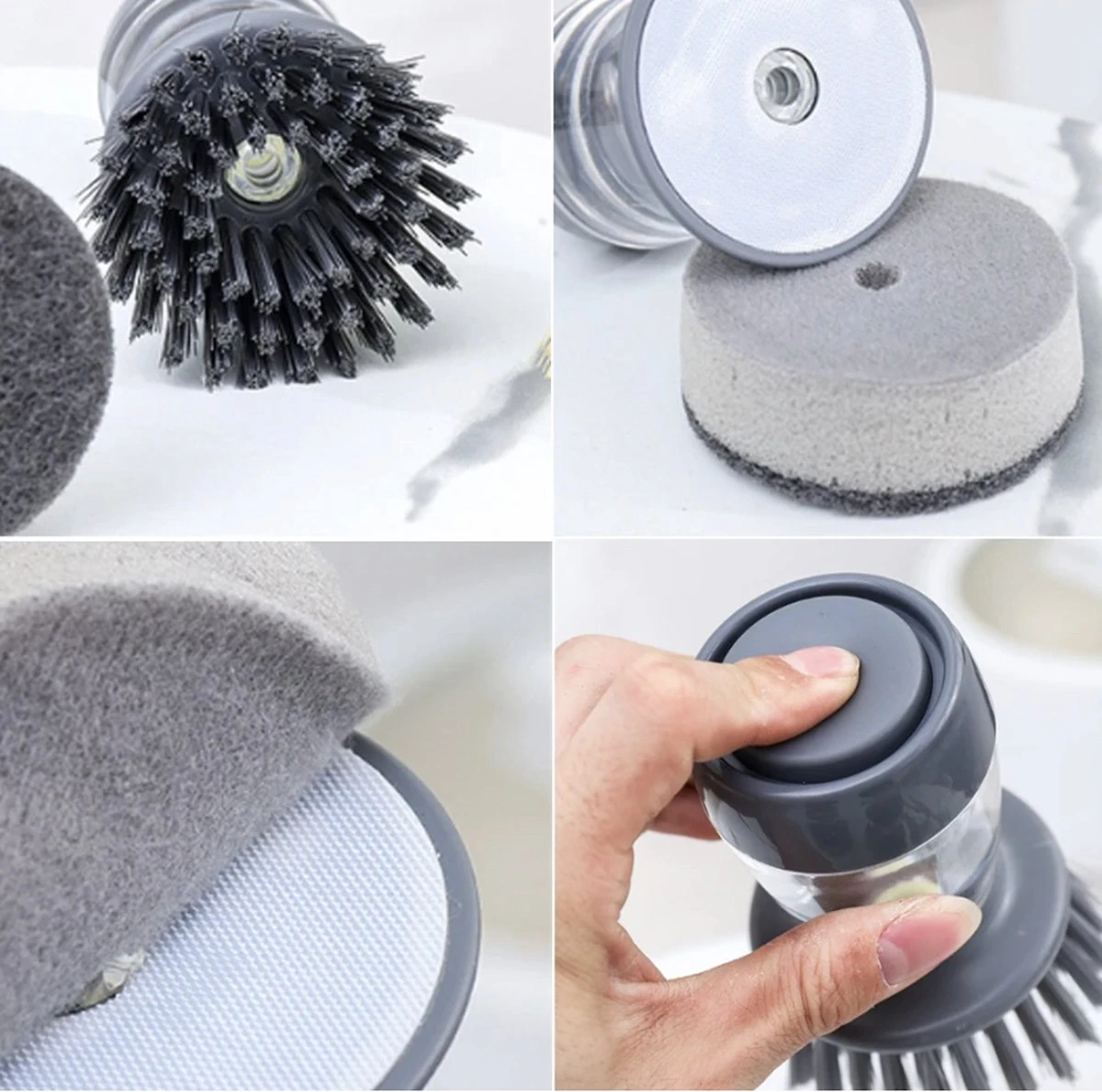 Afwasborstel Met Zeepdispenser – Met 3 Verschillende Opzet Stukken – Inclusief Houder – Grijs – Afwas Borstel Zeepreservoir – Zeep Handborstel – Doseerpomp – Afwasmiddel Dispenser – Navulbaar 3 Afwasborstel Met Zeepdispenser – Met 3 Verschillende Opzet Stukken – Inclusief Houder – Grijs – Afwas Borstel Zeepreservoir – Zeep Handborstel – Doseerpomp – Afwasmiddel Dispenser – Navulbaar - Afbeelding 3