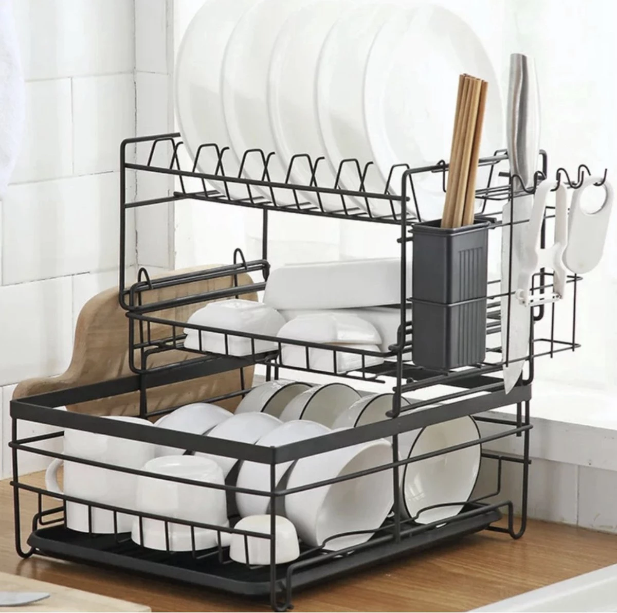 Luxaliving - Metalen Afdruiprek Met Lekbak – Afwas Droogrek – RVS Vaatwasrek – Keuken Droogrek Met Bestekmand – 3 Etages 1 Luxaliving - Metalen Afdruiprek Met Lekbak – Afwas Droogrek – RVS Vaatwasrek – Keuken Droogrek Met Bestekmand – 3 Etages