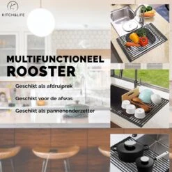 Kitch&Life Afdruiprek Oprolbaar - Mat Zwart - Pannenonderzetter - Afdruipmat - Keukenrek 3-in-1 -Afwas Benodigdheden Winkel 1200x1200 386