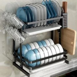 Doogo® Afdruiprek Met Lekbak 2 Laags – Inklapbaar - Muur Hangen Mogelijke - Afwasrek – Met 2 Lekbakken – Extra Accessories Voor Servies En Snijplanken - RVS -Afwas Benodigdheden Winkel 1200x1200 400