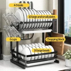 TammaT - Afdruiprek Met Lekbak 2 Laags – Inklapbaar - Afwasrek – Met 2 Lekbakken – Extra Accessories Voor Servies En Snijplanken - RVS - 38x35x26,5cm -Afwas Benodigdheden Winkel 1200x1200 424