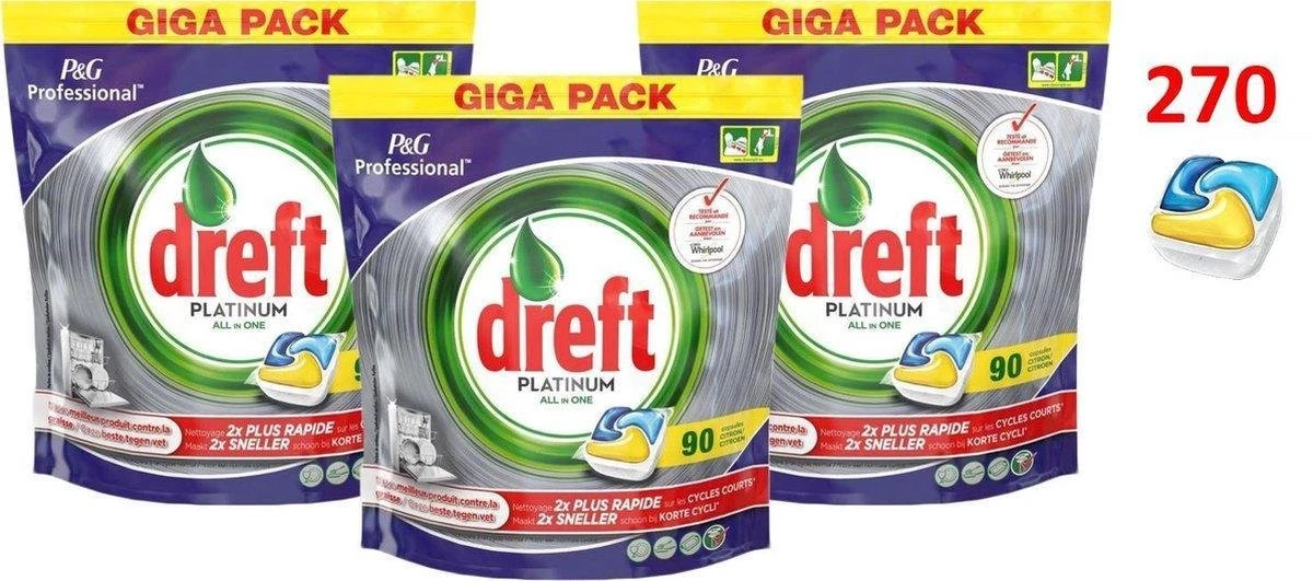 Dreft Platinum - All In One Lemon Voordeeldeal 270 Vaatwastabletten / Jaardoos / Megadeal / Voordeeldoos 2 Dreft Platinum - All In One Lemon Voordeeldeal 270 Vaatwastabletten / Jaardoos / Megadeal / Voordeeldoos - Afbeelding 2