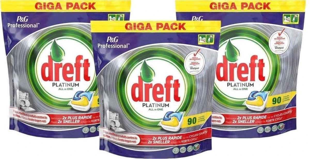 Dreft Platinum - All In One Lemon Voordeeldeal 270 Vaatwastabletten / Jaardoos / Megadeal / Voordeeldoos 1 Dreft Platinum - All In One Lemon Voordeeldeal 270 Vaatwastabletten / Jaardoos / Megadeal / Voordeeldoos
